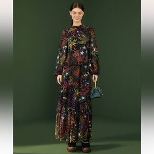 FARM Rio Black Amazonia Long Sleeve Printed Maxi Dress NWT